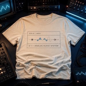 Puede incluir: Una camiseta blanca con un gráfico de un sistema de audio analógico. El diseño incluye el texto "SYS-01 / AUDIO" y "ANALOG AUDIO SYSTEM" con una ilustración de forma de onda azul. La camiseta está rodeada de equipos de audio.