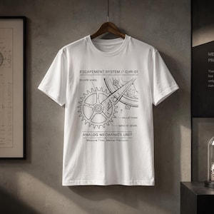 May include: White t-shirt with a black graphic of a watch escapement system, including the escape wheel, pallet fork, and impulse jewel. Text reads "ESCAPEMENT SYSTEM // CHR-01" and "ANALOG MECHANICS UNIT".