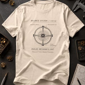 May include: A cream-coloured t-shirt displaying a black diagram of a balance system, with labels such as "Balance Wheel" and "Spiral Hairspring." The text "ANALOG MECHANICS UNIT" and "Measure Time. Master Precision." are also printed on the shirt.