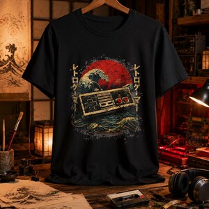 May include: Black t-shirt featuring a retro video game controller design. The graphic includes a red sun, a wave, and Japanese text. The controller is gold-colored, with red and black buttons. The design is reminiscent of classic Japanese art.