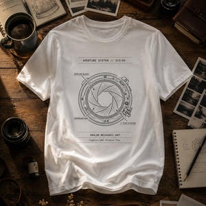 Könnte beinhalten: Weißes T-Shirt mit einem schwarzen Diagramm eines Kamera-Blenden-Systems. Der Text auf dem Shirt lautet "APERTURE SYSTEM // SYS-09" und "ANALOG MECHANICS UNIT Capture Light. Preserve Time."