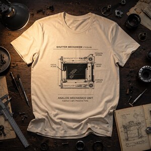 May include: Beige t-shirt featuring a detailed black diagram of an analog camera shutter mechanism. The text includes "SHUTTER MECHANISM," "ANALOG MECHANICS UNIT," and "Capture Light, Preserve Time." The shirt is displayed on a wooden surface with various camera parts.