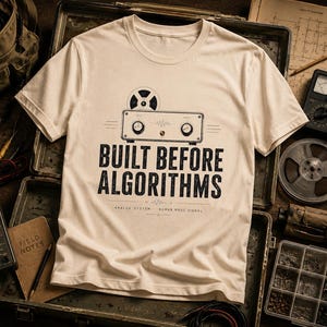 May include: A cream-colored short-sleeve t-shirt featuring a graphic of a vintage reel-to-reel tape recorder. The text reads "BUILT BEFORE ALGORITHMS" in bold black letters, with "ANALOG SYSTEM - HUMAN MADE SIGNAL" printed below in smaller font.