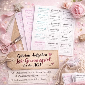 Könnte beinhalten: Eine Sammlung von Hochzeits-Spielmaterialien, darunter rosa und weiß bedruckte Karten, ein sternförmiger Zauberstab, rosa Band und eine Schere. Ein braunes Etikett mit deutschem Text lautet "Geheime Aufgaben Los-Gewinnspiel für den JGA".