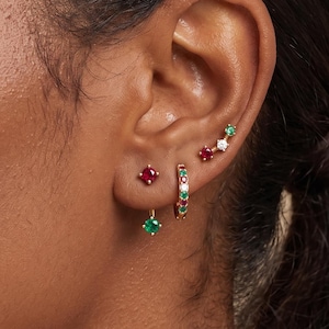 18K Gold Filled 3-Piece Earring Set, Colorful CZ Huggie Hoop, Gemstone Studs & Ear Climber Style, Dainty Stackable Look, Gift for Friend