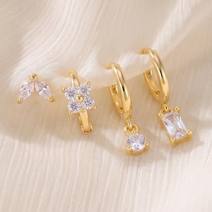 4-teiliges Ohrring-Set aus 18-karätigem Gold, Zirkonia-Creolen und -Ohrhänger, zarter Ohrschmuck zum Kombinieren, minimalistisches Schmuckgeschenk für Sie