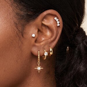 18K Gold Filled 5 Piece Earring Set, CZ Starburst Huggie Hoops, Beaded Crystal Studs, Dainty Ear Stack Jewelry, Gift for Daughter