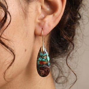 18K Gold Filled Natural Stone Red Green Teardrop Earrings, Multicolor Jasper Dangle Jewelry, Organic Pattern Gemstone Drops, Boho  Jewelry
