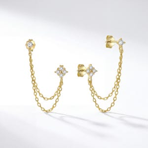 925 Sterling Silver CZ Chain Earrings,Gold Dainty Double Piercing Earrings,Zirconia Drape Earrings, Minimalist Drop Earrings Gift for Her