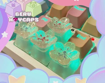 Teclas personalizadas artesanais em resina com o desenho de flor de cerejeira Sakura para teclado mecânico, teclas fofas com o desenho de Sakura.
