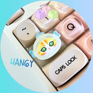 Pode incluir: Close-up de um teclado com teclas personalizadas. Uma tecla apresenta um design de rosto de gato com olhos verdes e p&ecirc;lo laranja e branco. A palavra "HANGY" est&aacute; impressa em azul. Outras teclas s&atilde;o rosa claro e bege.