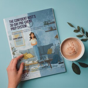 May include: A book titled "The Confident Host's 30-Day Pre-Event Prep System" with an illustration of a woman in a living room. A cup of coffee and a sprig of leaves are on a light blue surface.