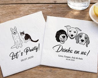 Serviettes cocktail personnalisées chien et chat, serviettes personnalisées portrait d'animal de compagnie, décoration de fête de mariage