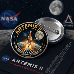 May include: A round button with a blue rim featuring the Artemis II mission logo. The design includes a rocket launching from the moon, the NASA logo, and the text "ARTEMIS II". The background shows a starry sky and the moon.