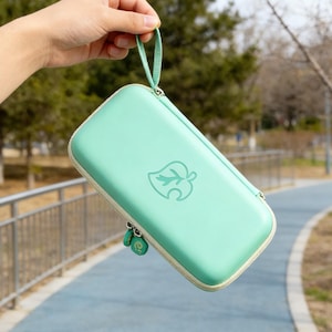 Mint Green Leaf Switch OLED Case, Animal Crossing Inspired Switch Lite Pouch, Cozy Gamer Hard Shell Bag, Nature Theme Travel Organizer