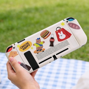 Y2K-sticker bomschakelaar OLED-hoesje, kawaii kies gelukkig consoleshell, schattige skateboardbeerhoes, retro kidcore-gamercadeau, schakelaar 2