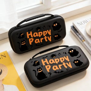 May include: Two black carrying cases with a handle, featuring orange text that reads "Happy Party" and Halloween-themed graphics. The cases have a zipper closure and are designed for storage.