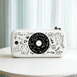 Kawaii Lucky Cat Vinyl Switch OLED Case, White Music Theme Switch 2 Bag, Cute Doodles Switch Lite Pouch, Aesthetic Gamer Travel Pouch Gift