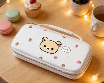 Kawaii Strawberry Bear Switch Case for Switch 1, Switch 2 & Switch OLED, Cute White Travel Carry Bag, Cozy Gamer Girl Gift Console Storage
