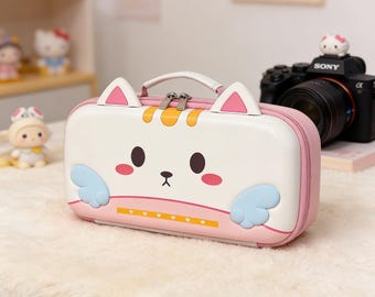 3D Angel Cat Switch Case for Switch 1, Switch 2 & Switch OLED, Kawaii Pink Winged Kitten Travel Bag, Cute Hard Shell Console Storage Gift