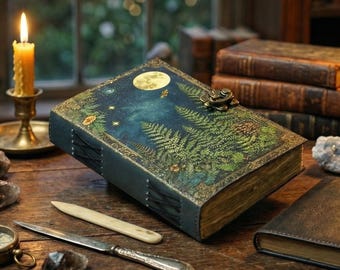 Diario in pelle con fasi lunari e lucchetto, taccuino con felci della foresta, diario fatto a mano con bordi sfrangiati, grimorio da strega, diario per scrivere con cielo notturno, regalo