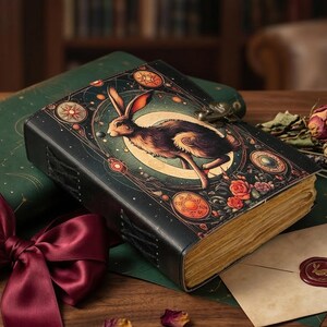 Pu&ograve; includere: Un diario rilegato in pelle blu scuro con un disegno di coniglio celeste sulla copertina. La copertina presenta dettagli dorati, una chiusura in metallo e bordi cuciti. Le pagine aperte sono ingiallite. Un fiocco bordeaux e fiori secchi sullo sfondo.