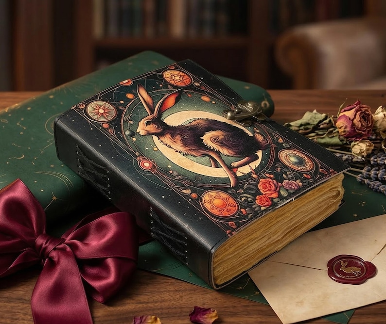 Pu&ograve; includere: Un diario rilegato in pelle blu scuro con un disegno di coniglio celeste sulla copertina. La copertina presenta dettagli dorati, una chiusura in metallo e bordi cuciti. Le pagine aperte sono ingiallite. Un fiocco bordeaux e fiori secchi sullo sfondo.