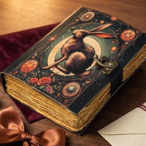 Pu&ograve; includere: Un diario decorativo con una dettagliata illustrazione di un coniglio sulla copertina. La copertina presenta uno sfondo blu scuro con accenti celesti e floreali. Il diario ha una chiusura in metallo e pagine dall'aspetto invecchiato.