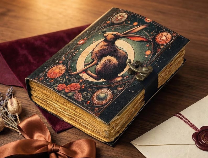 Pu&ograve; includere: Un diario decorativo con una dettagliata illustrazione di un coniglio sulla copertina. La copertina presenta uno sfondo blu scuro con accenti celesti e floreali. Il diario ha una chiusura in metallo e pagine dall'aspetto invecchiato.