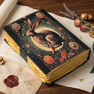 Pu&ograve; includere: Un diario in stile vintage con un'illustrazione dettagliata di una lepre che corre sulla copertina. La copertina &egrave; verde scuro con dettagli dorati e un cinturino in pelle nera. Le pagine hanno un aspetto ingiallito e invecchiato.