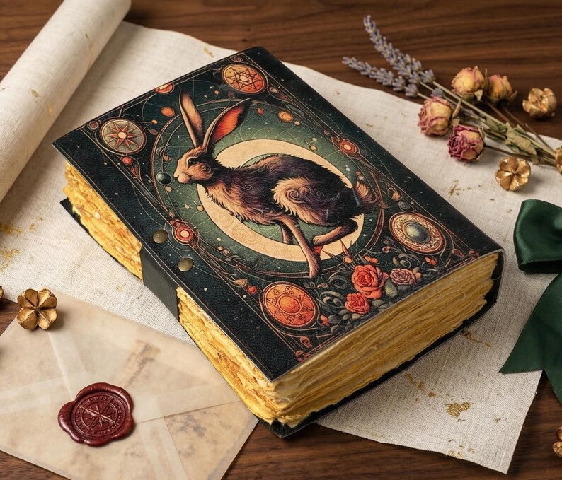 Pu&ograve; includere: Un diario in stile vintage con un'illustrazione dettagliata di una lepre che corre sulla copertina. La copertina &egrave; verde scuro con dettagli dorati e un cinturino in pelle nera. Le pagine hanno un aspetto ingiallito e invecchiato.
