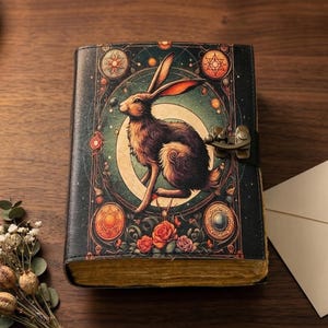 Pu&ograve; includere: Un diario chiuso, rilegato in pelle, con un'illustrazione decorativa di un coniglio. La copertina presenta un design dettagliato con elementi celesti, rose e una chiusura in ottone. Le pagine del diario hanno una tonalit&agrave; dorata e l'estetica generale &egrave; vintage.