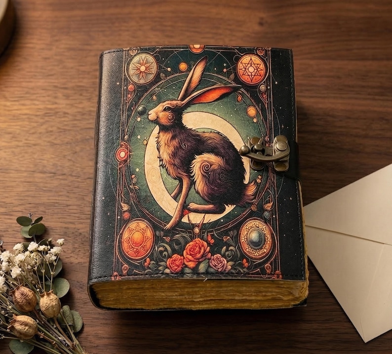 Pu&ograve; includere: Un diario chiuso, rilegato in pelle, con un'illustrazione decorativa di un coniglio. La copertina presenta un design dettagliato con elementi celesti, rose e una chiusura in ottone. Le pagine del diario hanno una tonalit&agrave; dorata e l'estetica generale &egrave; vintage.
