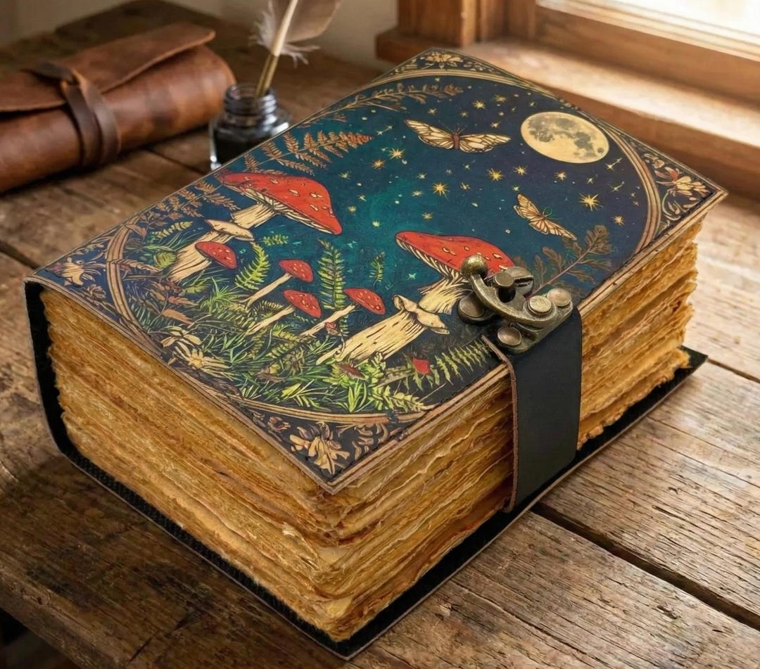Mushroom Leather Journal | Vintage Moon Forest Grimoire, 400 Page Book ...