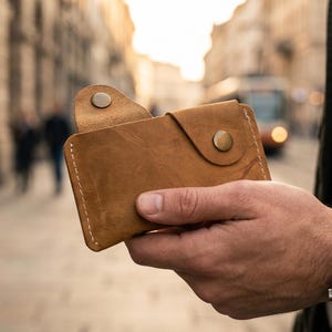 Doppelverschlussknopf Leder Kartenhalter, Echtes Vollnarbenleder Schlanke Brieftasche, Minimalistische Kreditkartenhalter, Rustikale Brieftasche für Männer