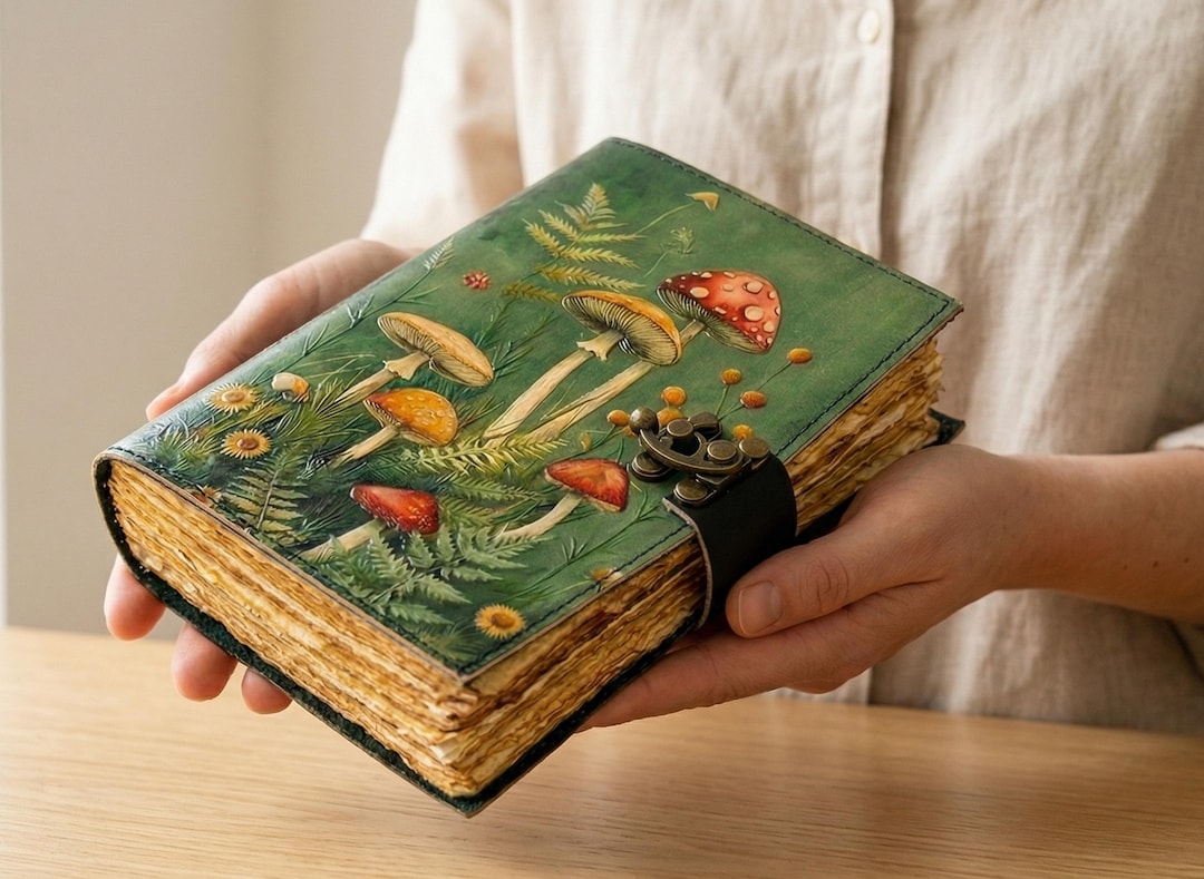 Handmade Green Leather Journal With Mushroom Art – Vintage Deckle Edge ...