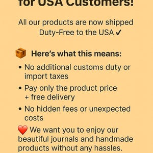 Pu&ograve; includere: Una grafica beige con la scritta "Fantastic News for USA Customers!" annuncia la spedizione duty-free negli Stati Uniti. Il testo evidenzia anche l'assenza di dazi doganali, il prezzo del prodotto pi&ugrave; la consegna gratuita e nessun costo nascosto.