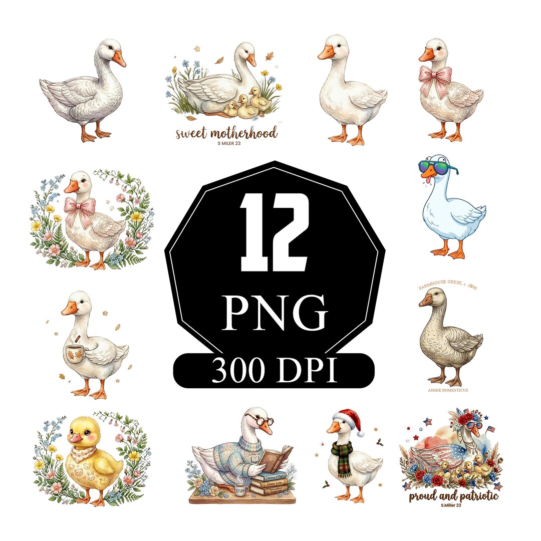 Vintage Farmhouse Goose Clipart Bundle | Watercolor Bird Pngs Floal ...