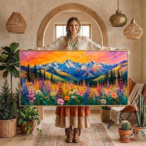 May include: A rectangular landscape painting featuring a vibrant mountain range under a sunset sky, with a foreground filled with colorful wildflowers and evergreen trees. The artwork displays thick, textured brushstrokes in shades of orange, pink, blue, and green, capturing a scenic vista of nature.