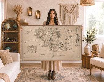 Middle Earth Map Print, Tolkien Inspired Vintage Cartography Poster (Canvas)