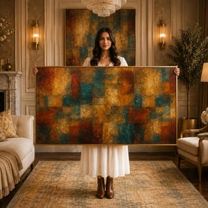May include: A large rectangular wall art piece featuring an abstract grid pattern with textured layers of deep gold, burnt orange, and teal blue tones, enclosed within a thin metallic gold frame, displaying a weathered and layered paint finish.