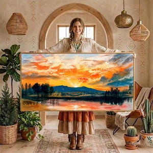 May include: A rectangular landscape painting featuring a vibrant sunset with orange, yellow, and blue clouds over a dark mountain range and a reflective body of water. The artwork displays thick, textured brushstrokes and a dramatic horizon line.