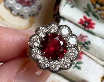 Vintage Art Deco Red Garnet Round Cut Simulated Diamond Daisy Halo Ring, Georgian Style Engagement Gift Ring, Floral Set Blackened Gold Ring