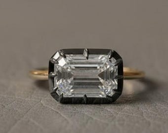 East To West Elongated Emerald Cut Georgian Cut Down Button Back Solitaire Engagement Ring, Moissanite Diamond Daily Wear Anniversary Ring