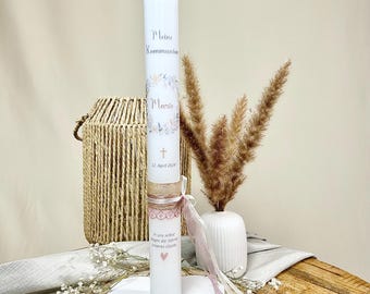 Kommunionskerze personalisiert | Kranz mit Kreuz, Blumenkranz | Moderne Kerze zur Erstkommunion Mädchen | Erinnerungskerze | Kerze Marie