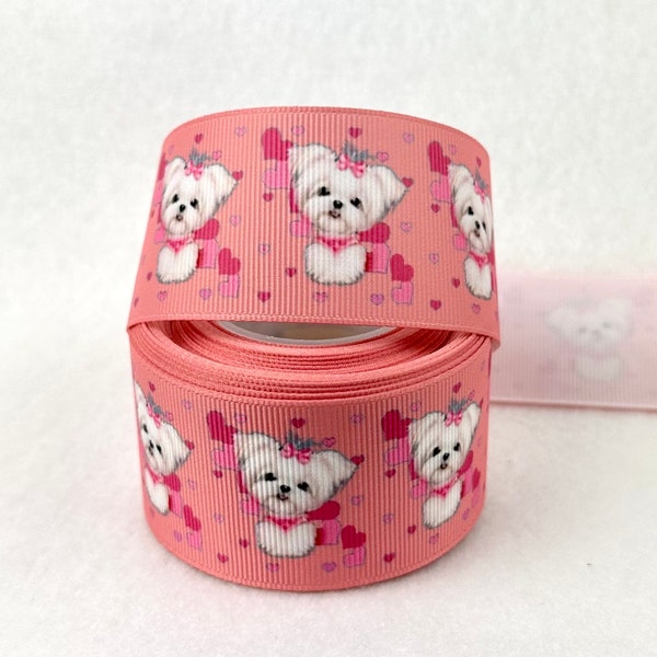 White Dog Yorkie grosgrain ribbon - 1.5” wide - By the yard - Hair bows - Children’s Kids & Pet Crafts - Sewing - Gift wrap - Scrapbooking