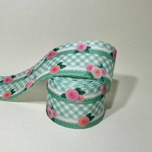Floral Gingham Mint Green print grosgrain ribbon - 1.5” wide - By the yard - Hair bows - Children’s Kids & Pet Crafts - Sewing - Gift wrap