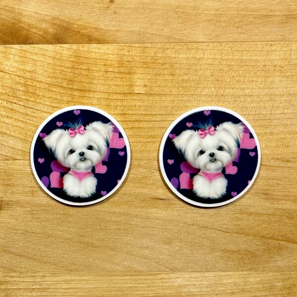 White Dog Yorkie - Set of 2 - Planar Resin Flat back Cabochon - Cell Phone Bling - Hair Bow Center - Scrap Booking - Cupcake Topper