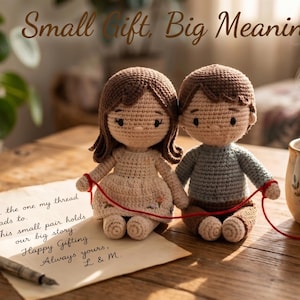 Op de afbeelding: Twee gehaakte poppen, een stel, verbonden door een rode draad, zitten op een houten tafel. Een koffiemok met een hartontwerp en de tekst "Small Gift, Big Meaning" zijn ook aanwezig. Een handgeschreven notitie en een pen staan op de voorgrond.