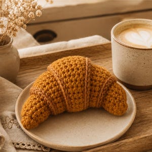 Può includere: Un croissant all'uncinetto, marrone dorato, è appoggiato su un piattino bianco sporco. A destra c'è una tazza di caffè con un disegno a forma di cuore nella schiuma. Un piccolo vaso con fiori secchi e un tovagliolo di lino completano la scena.